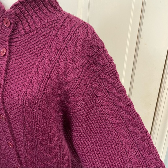 Vintage Hand Knit 100% Wool Cableknit Fisherman Cardigan Sweater Medium Purple - Picture 6 of 12